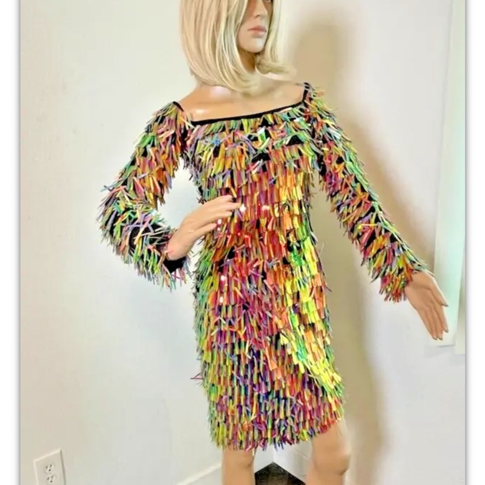 Sparkling, Multi-colored Petal Embellished Bodycon Dress - Size M RRP 150$